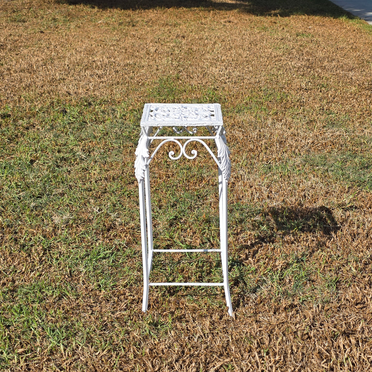 Vintage Cast Iron Wrought Plant Stand Tall Square White Victorian Leaf Hollywood