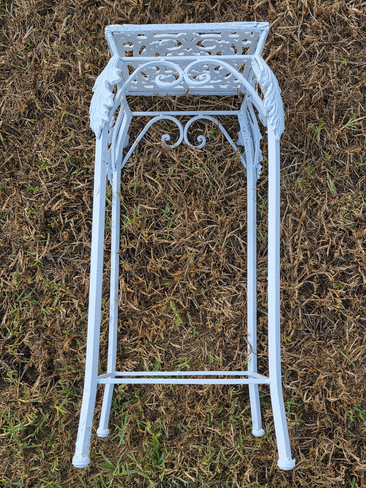 Vintage Cast Iron Wrought Plant Stand Tall Square White Victorian Leaf Hollywood