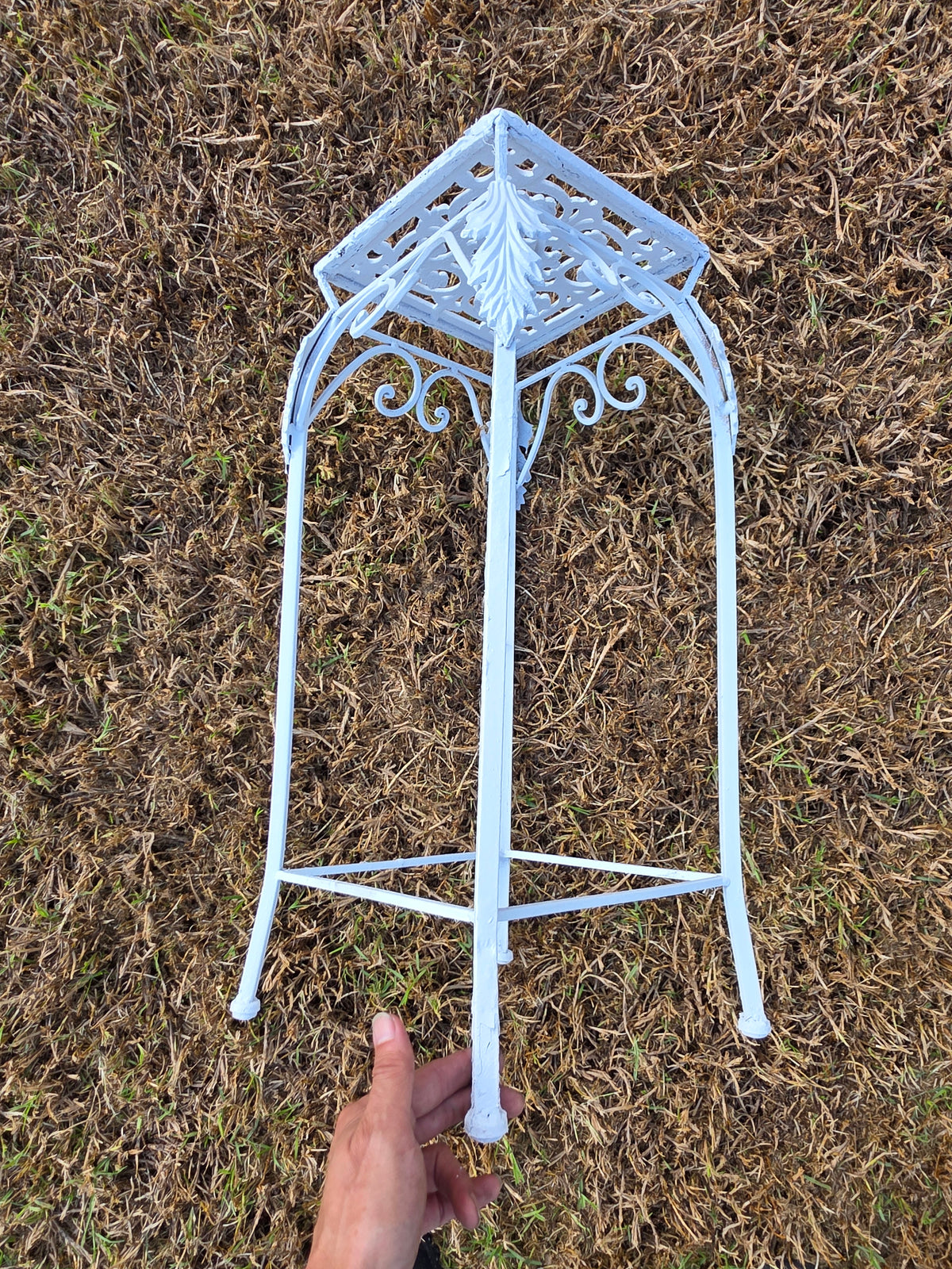 Vintage Cast Iron Wrought Plant Stand Tall Square White Victorian Leaf Hollywood