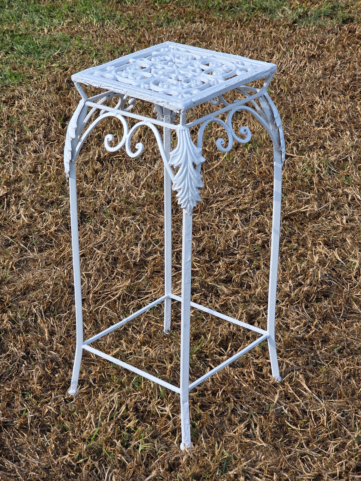 Vintage Cast Iron Wrought Plant Stand Tall Square White Victorian Leaf Hollywood