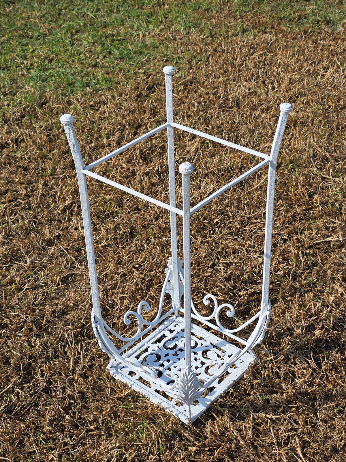 Vintage Cast Iron Wrought Plant Stand Tall Square White Victorian Leaf Hollywood