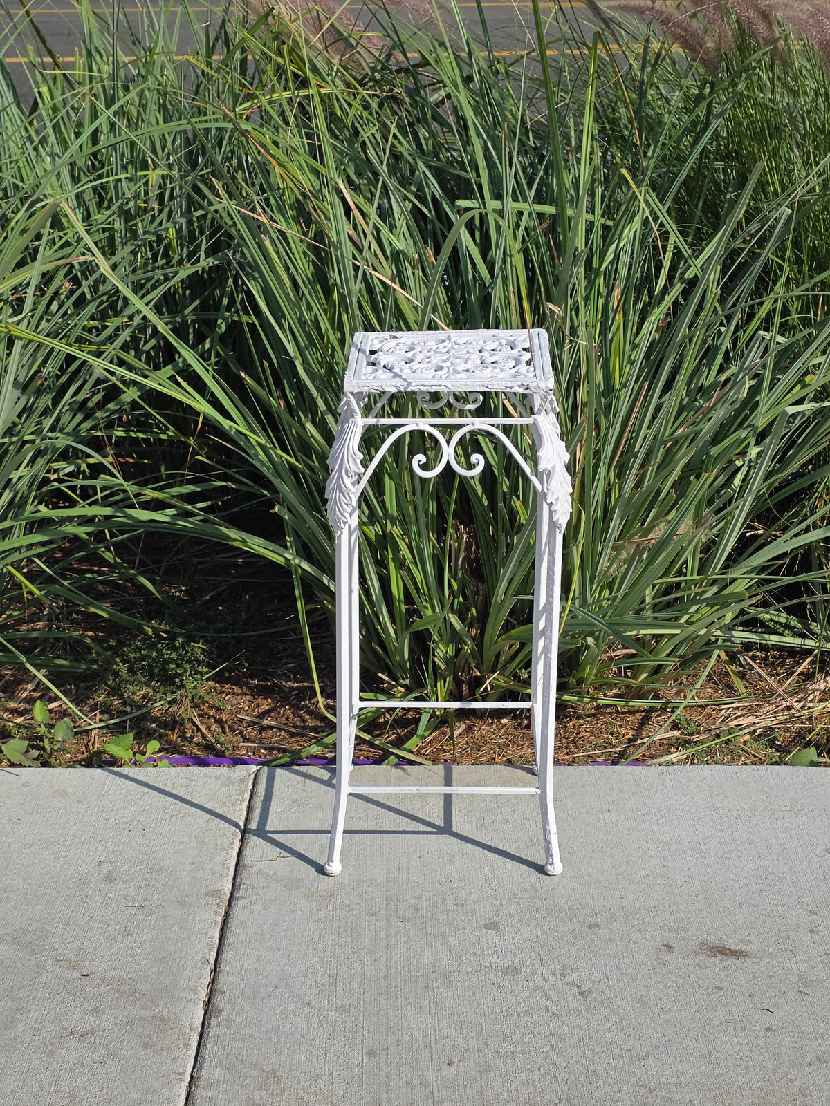 Vintage Cast Iron Wrought Plant Stand Tall Square White Victorian Leaf Hollywood