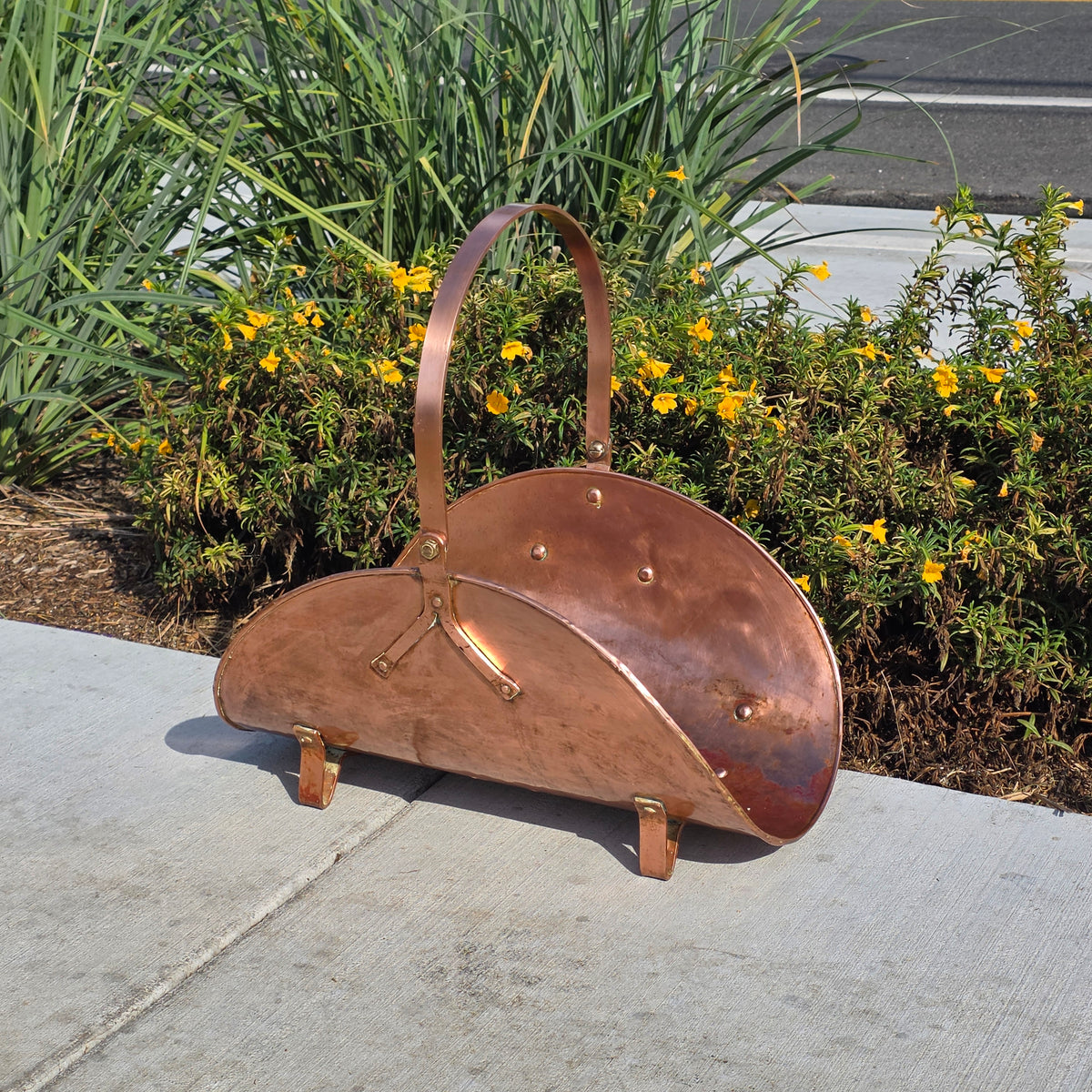Vtg Copper Fireplace Log Holder Basket Brass Handle Firewood Carrier Bucket 24"