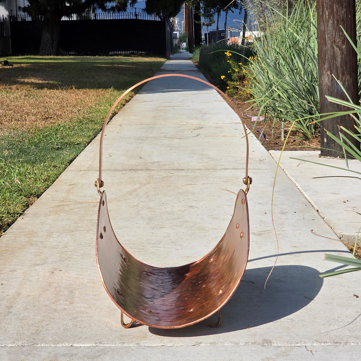 Vtg Copper Fireplace Log Holder Basket Brass Handle Firewood Carrier Bucket 24"