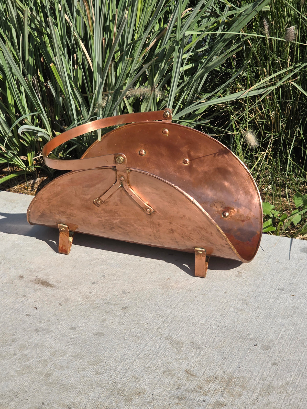 Vtg Copper Fireplace Log Holder Basket Brass Handle Firewood Carrier Bucket 24"
