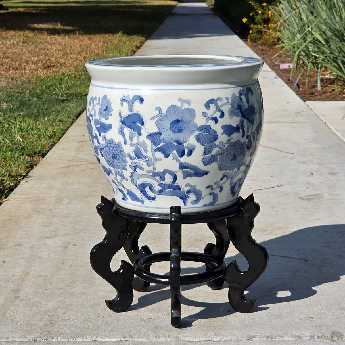 Chinoiserie Blue White Porcelain Fishbowl Planter 14" Flower Pot Vase with Stand