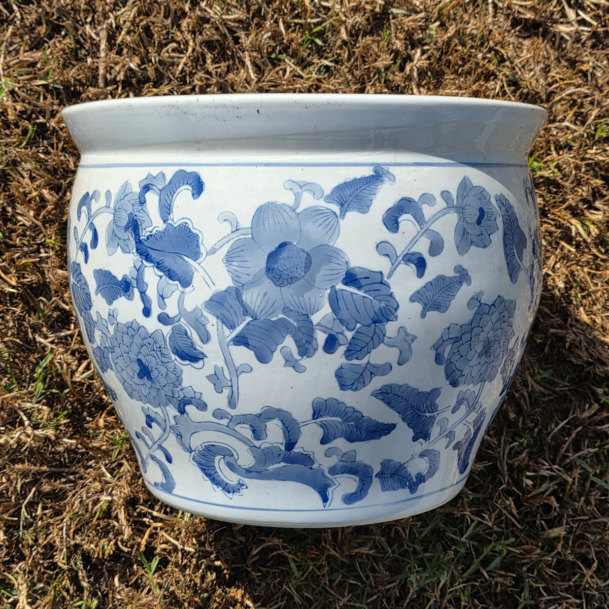 Chinoiserie Blue White Porcelain Fishbowl Planter 14" Flower Pot Vase with Stand