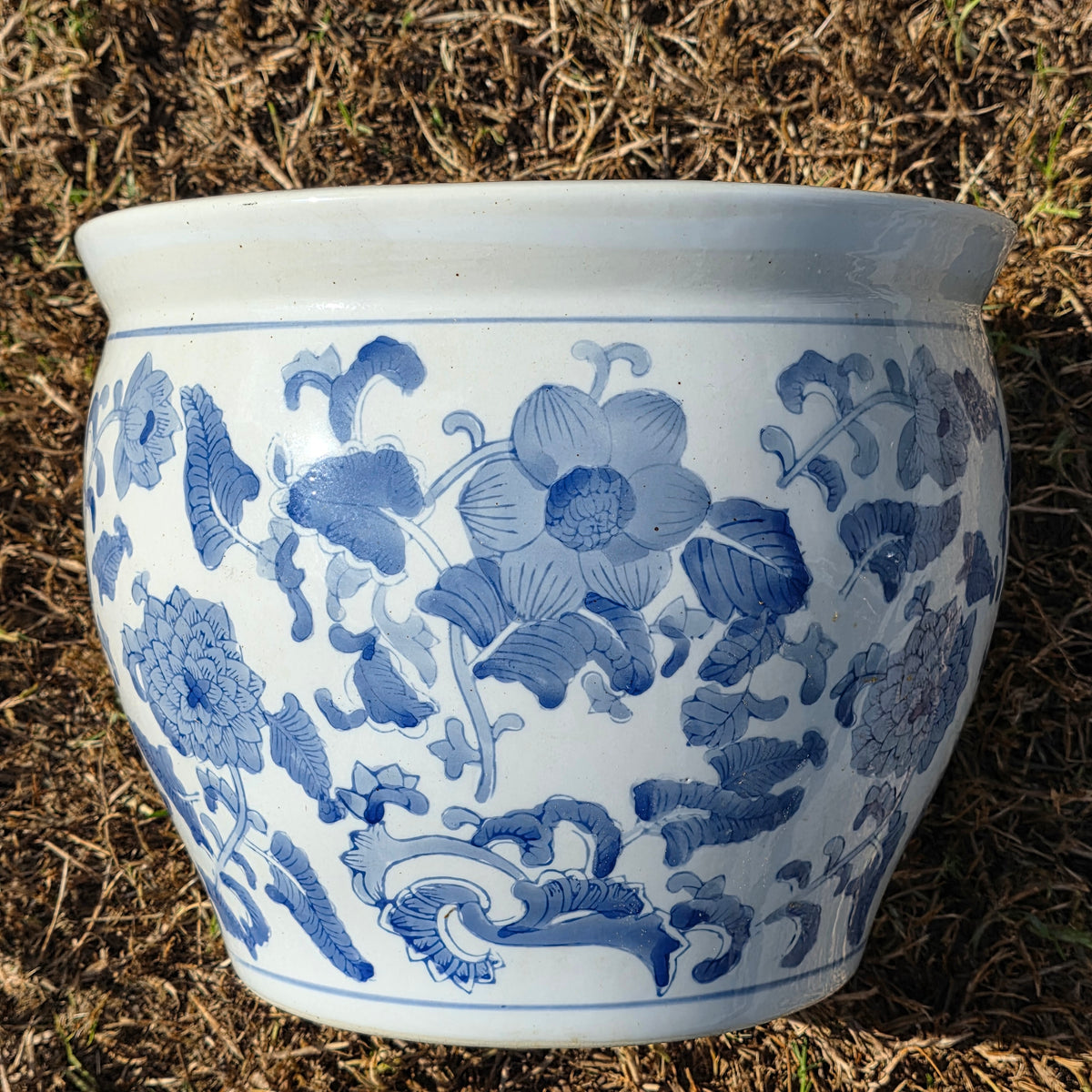 Chinoiserie Blue White Porcelain Fishbowl Planter 14" Flower Pot Vase with Stand