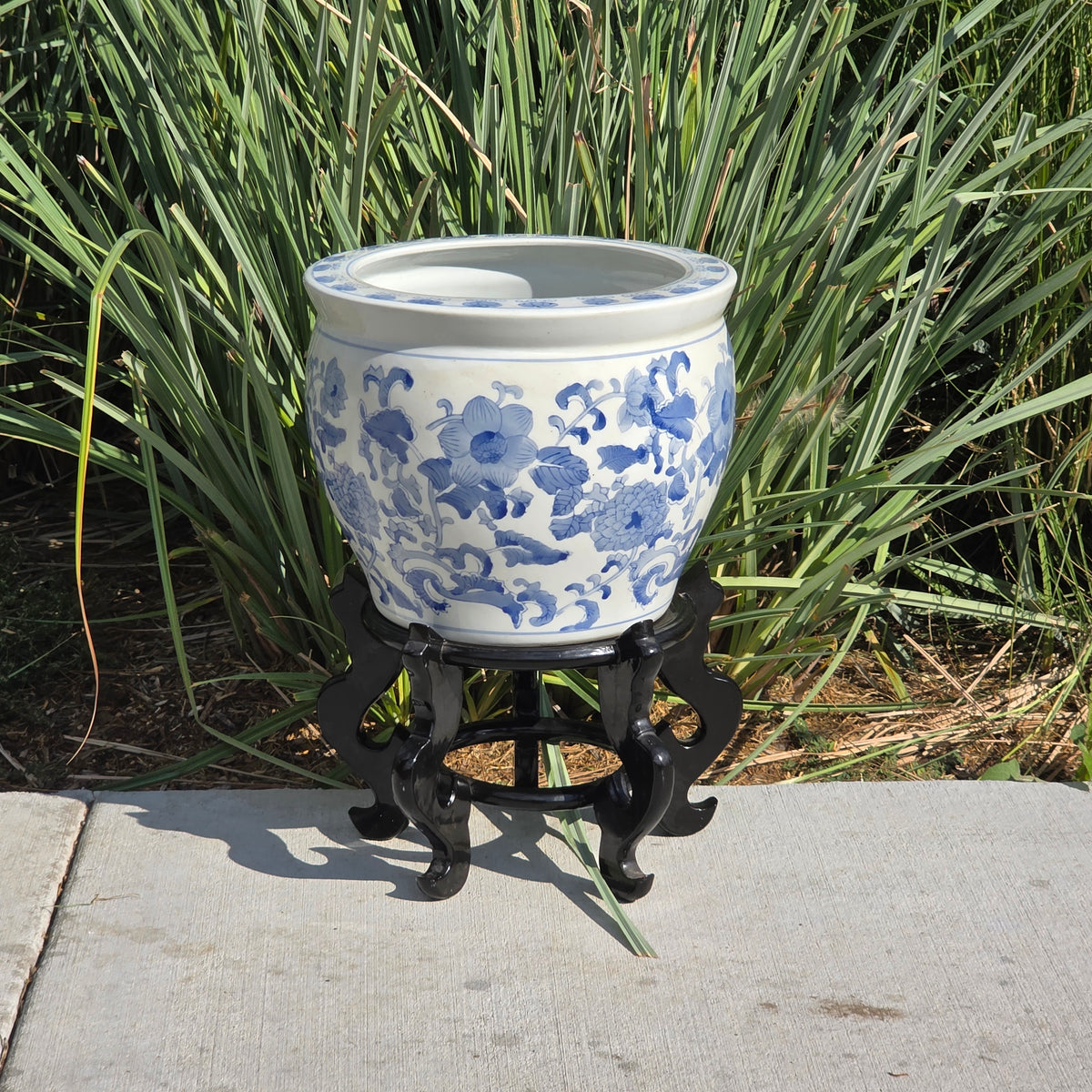 Chinoiserie Blue White Porcelain Fishbowl Planter 14" Flower Pot Vase with Stand