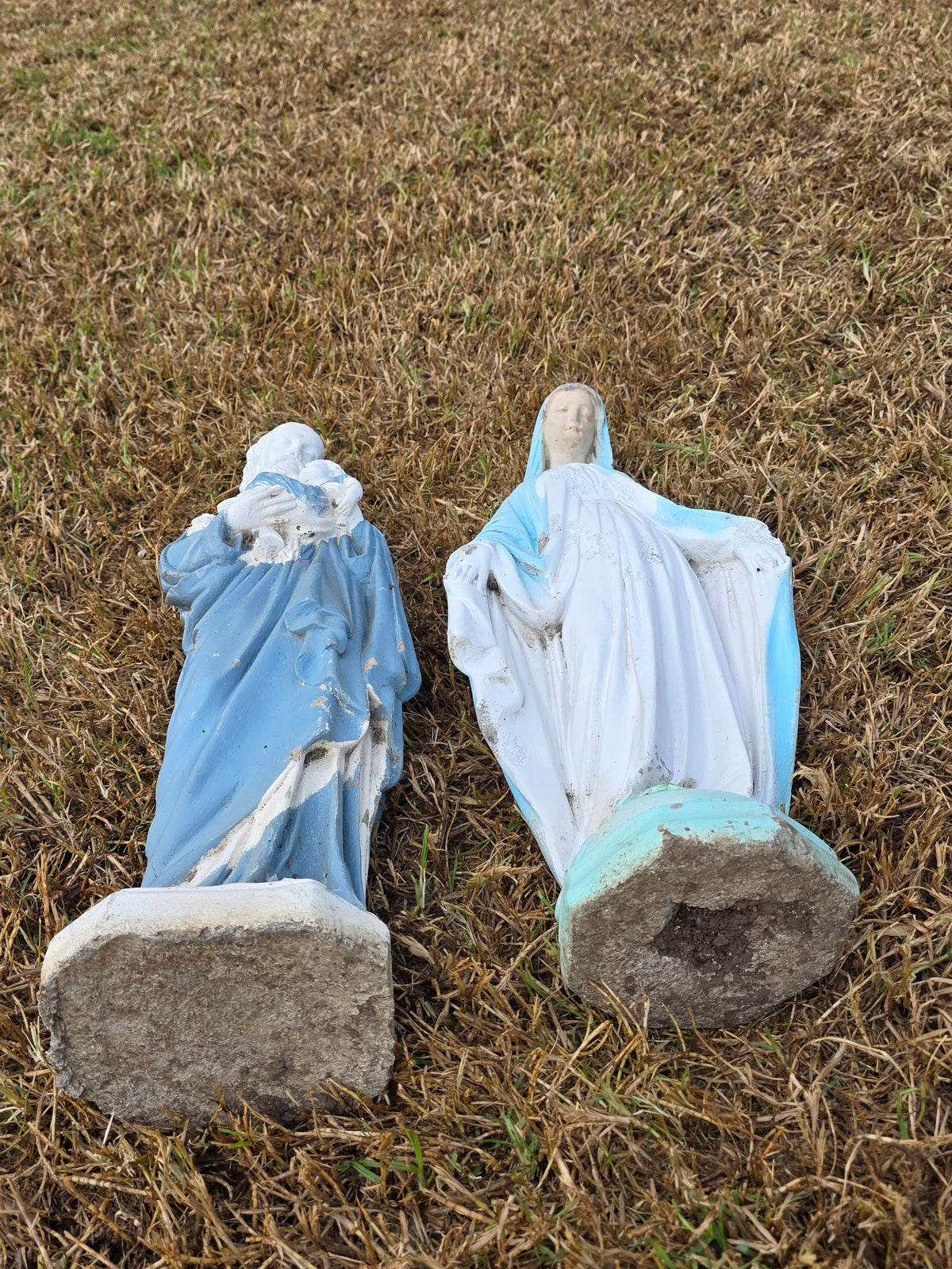 Vintage Concrete Mary Joseph Statues Pair Cement Garden Religious Madonna Jesus