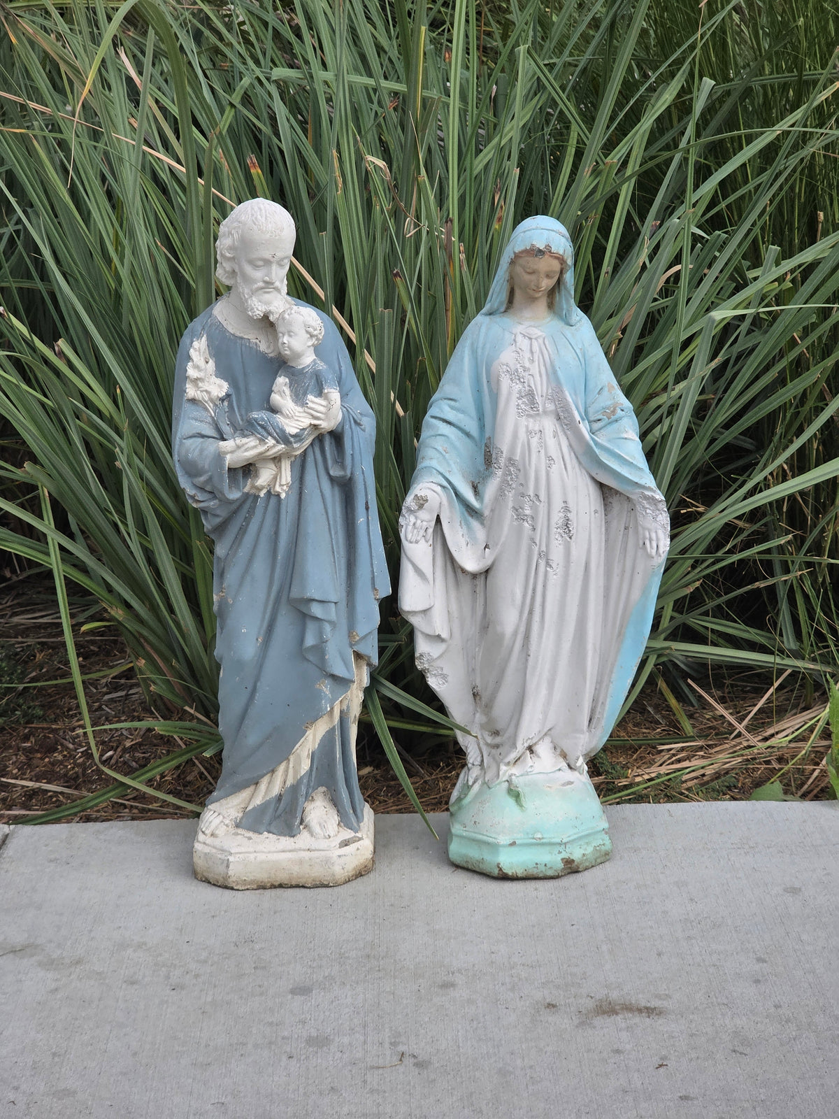 Vintage Concrete Mary Joseph Statues Pair Cement Garden Religious Madonna Jesus