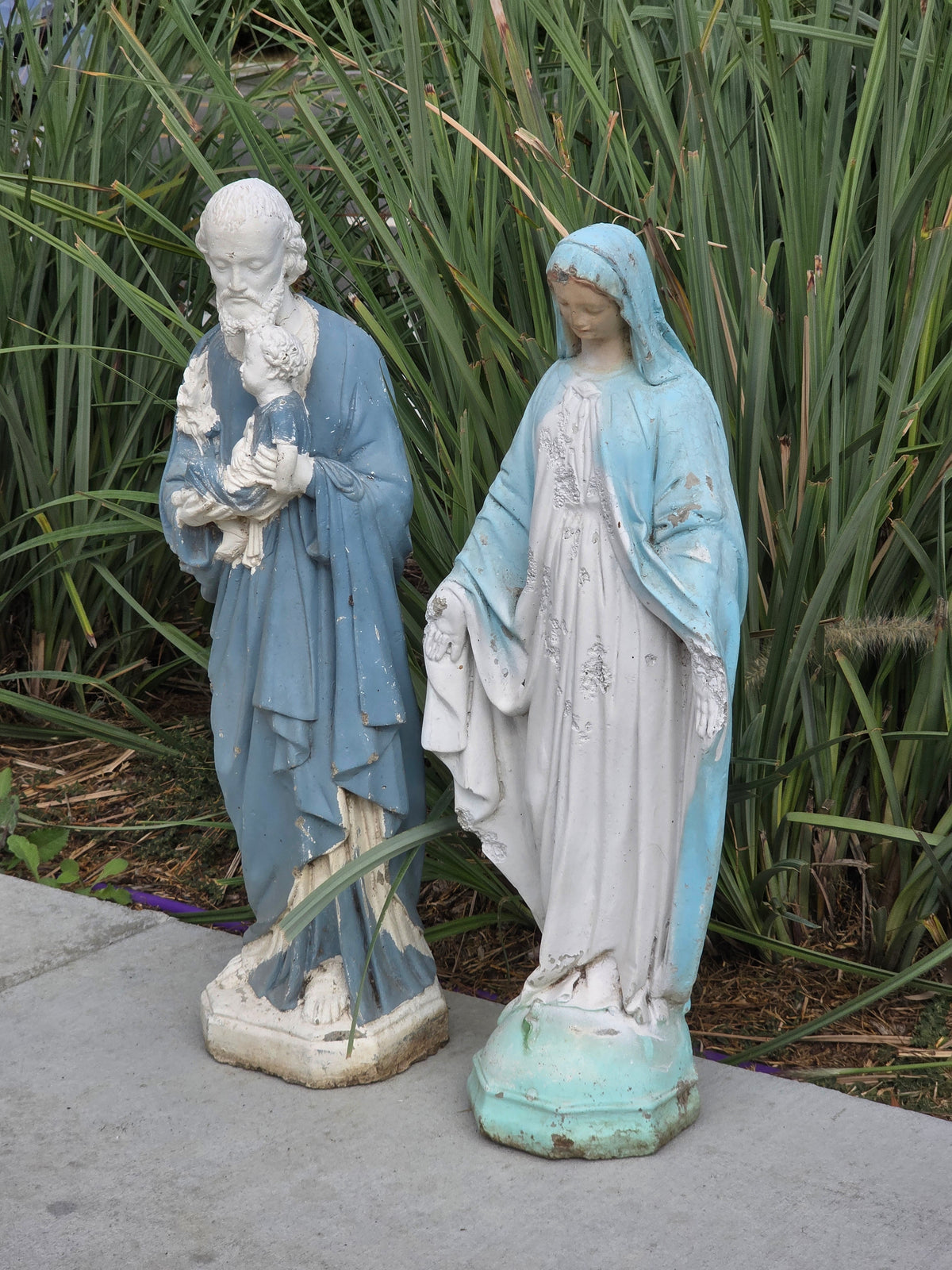 Vintage Concrete Mary Joseph Statues Pair Cement Garden Religious Madonna Jesus