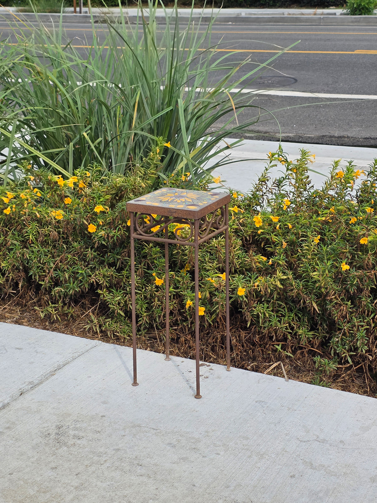 Mosaic Tile Top Plant Stand Square Sunflower Iron Rustic Garden Vintage