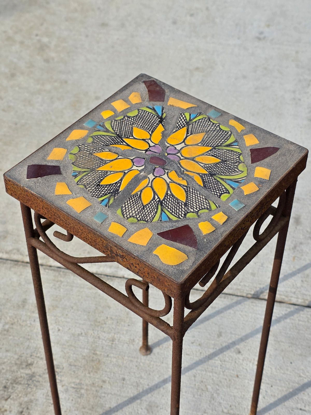 Mosaic Tile Top Plant Stand Square Sunflower Iron Rustic Garden Vintage