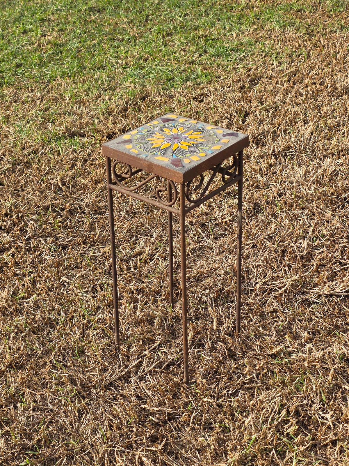 Mosaic Tile Top Plant Stand Square Sunflower Iron Rustic Garden Vintage