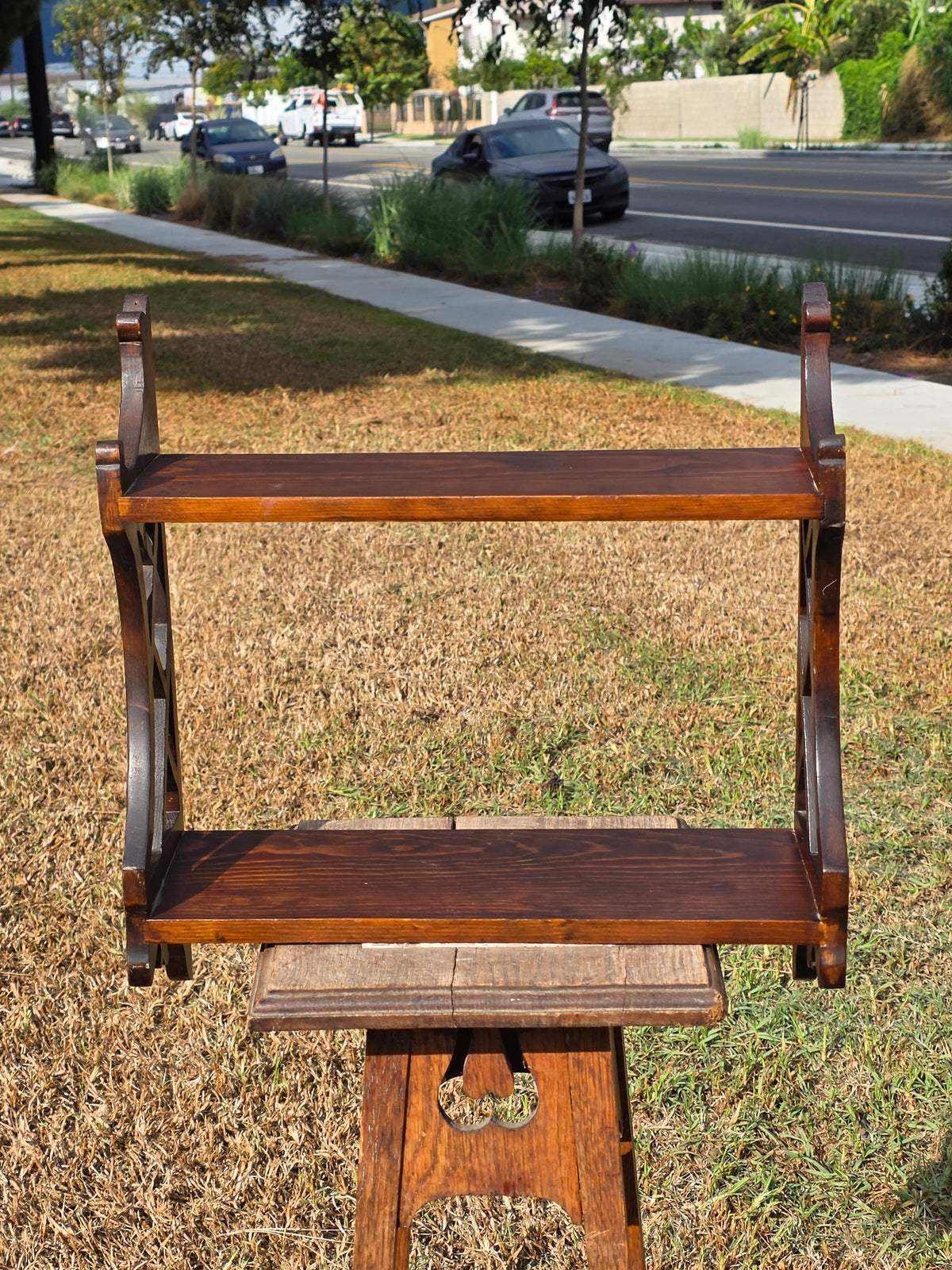 Vintage Chippendale Wood Wall Shelf Fretwork Lattice Spice Rack Brown Hanging