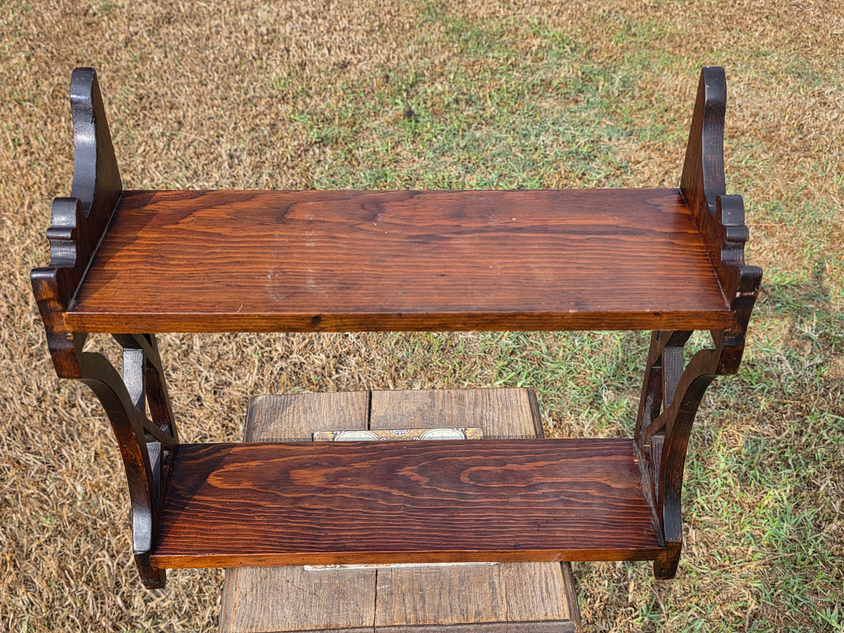 Vintage Chippendale Wood Wall Shelf Fretwork Lattice Spice Rack Brown Hanging