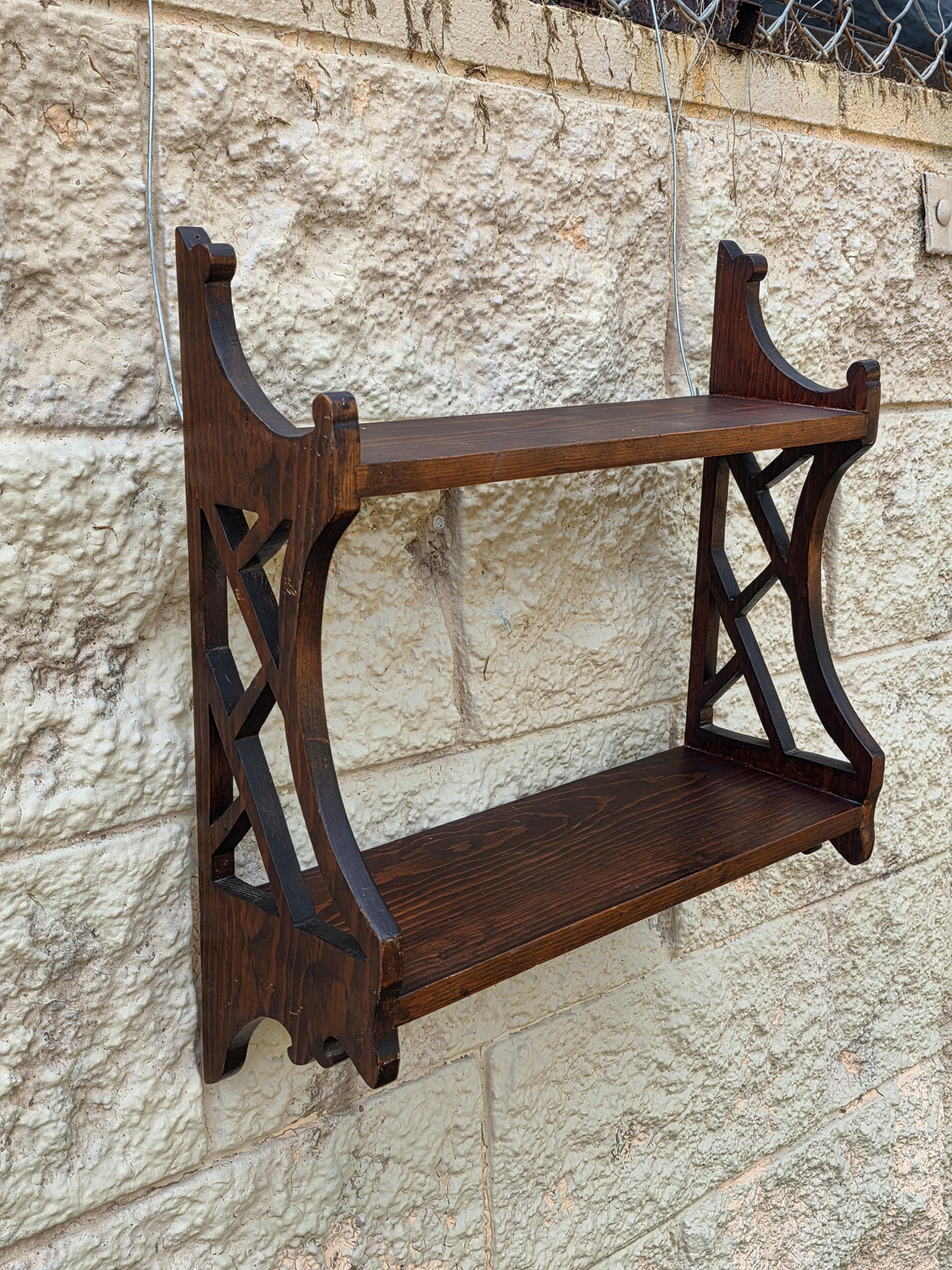 Vintage Chippendale Wood Wall Shelf Fretwork Lattice Spice Rack Brown Hanging