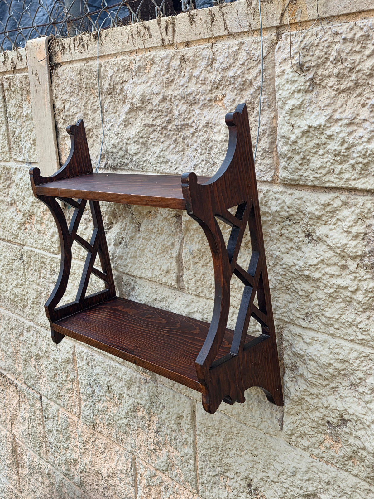 Vintage Chippendale Wood Wall Shelf Fretwork Lattice Spice Rack Brown Hanging