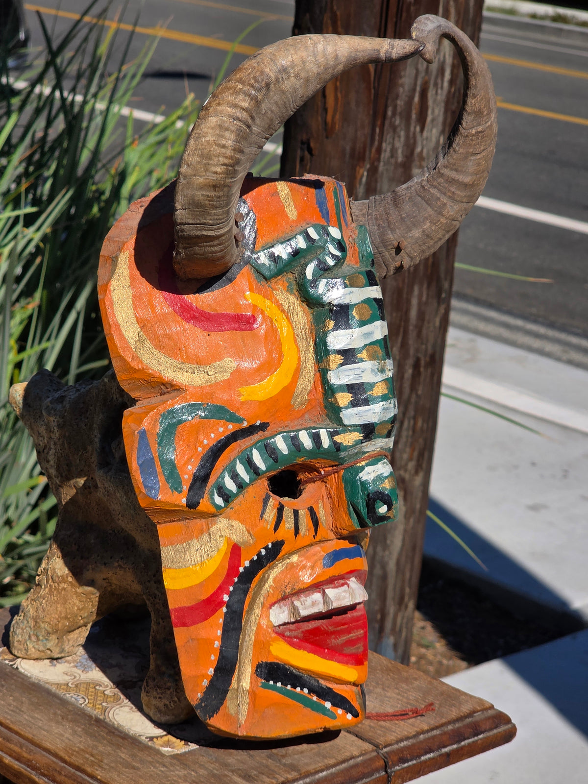 Vintage Guatemalan Diablo Devil Mask Set Real Horns Wood Folk Art Frog Lizard