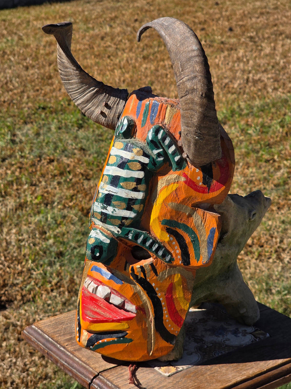 Vintage Guatemalan Diablo Devil Mask Set Real Horns Wood Folk Art Frog Lizard