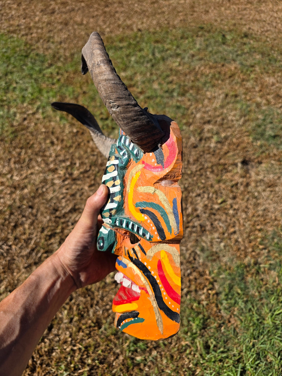 Vintage Guatemalan Diablo Devil Mask Set Real Horns Wood Folk Art Frog Lizard