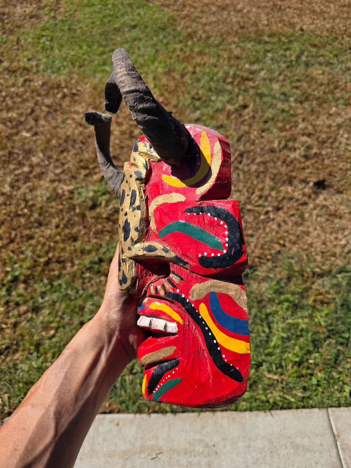 Vintage Guatemalan Diablo Devil Mask Set Real Horns Wood Folk Art Frog Lizard