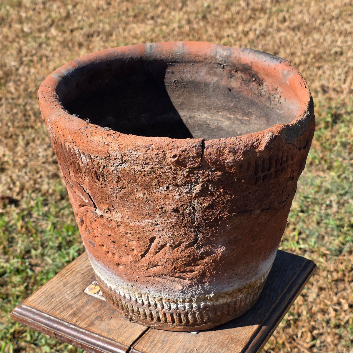Vintage Mexican Terracotta Planter Large Folk Art Flower Medallion Rustic 12"