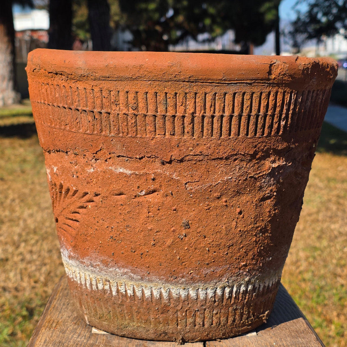 Vintage Mexican Terracotta Planter Large Folk Art Flower Medallion Rustic 12"