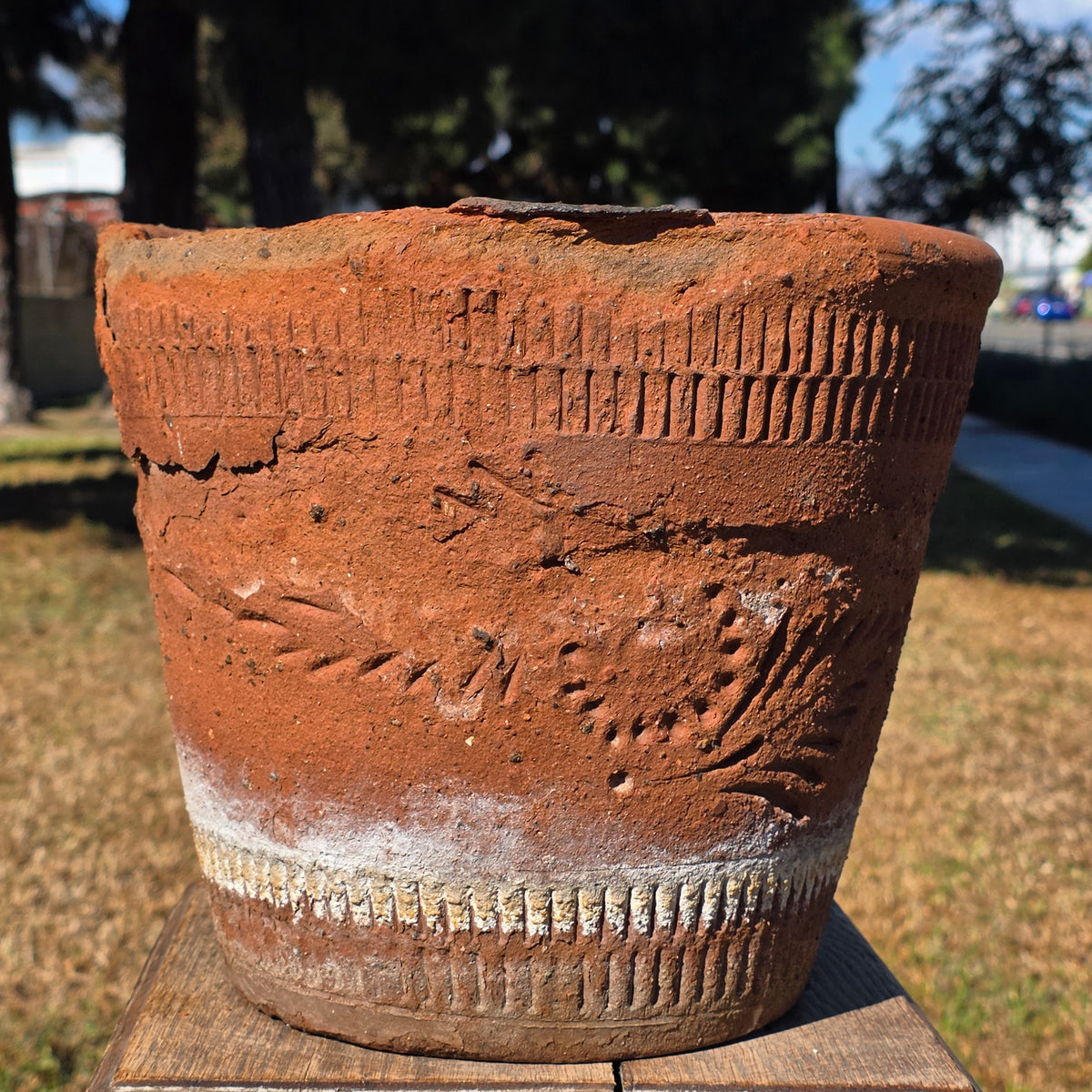 Vintage Mexican Terracotta Planter Large Folk Art Flower Medallion Rustic 12"