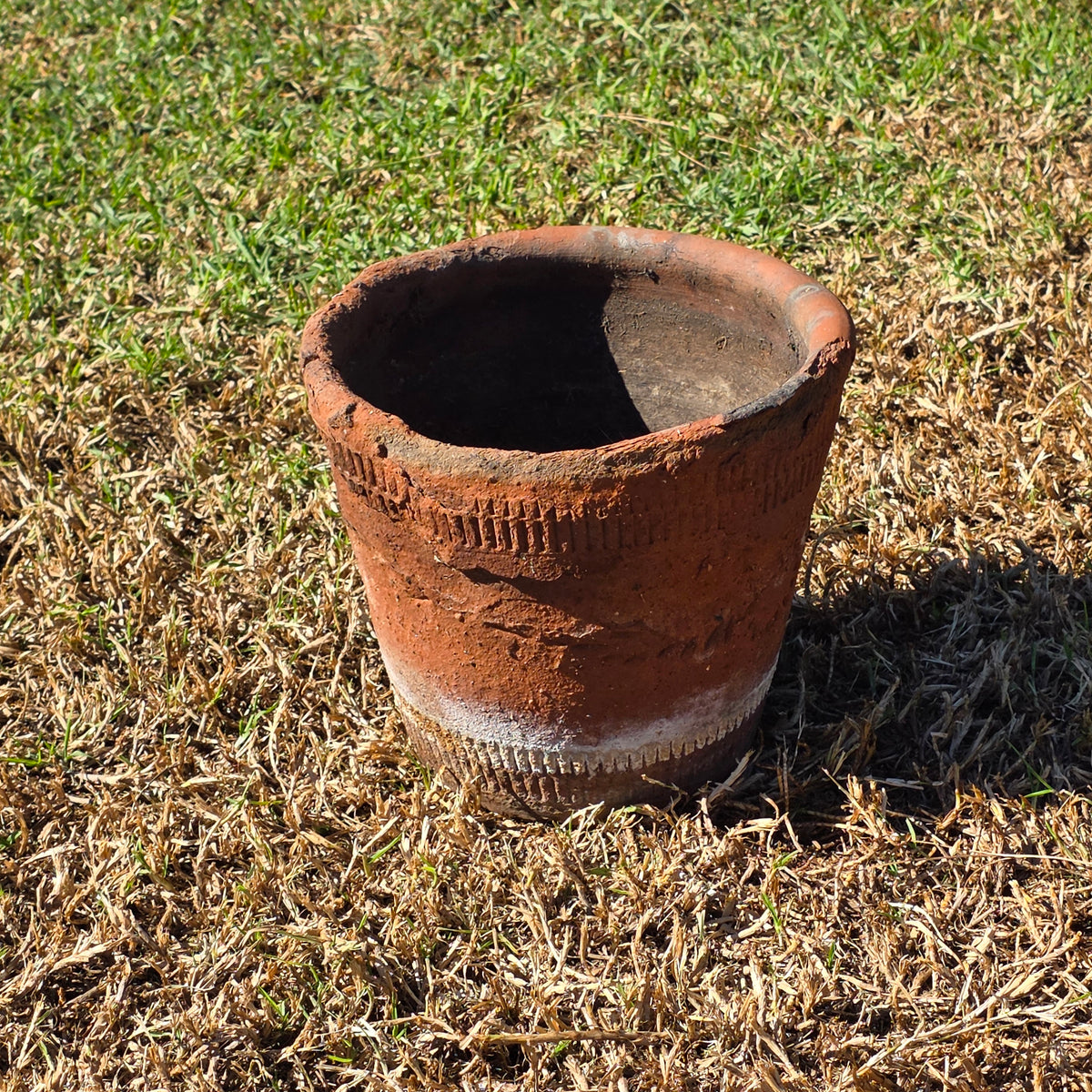 Vintage Mexican Terracotta Planter Large Folk Art Flower Medallion Rustic 12"
