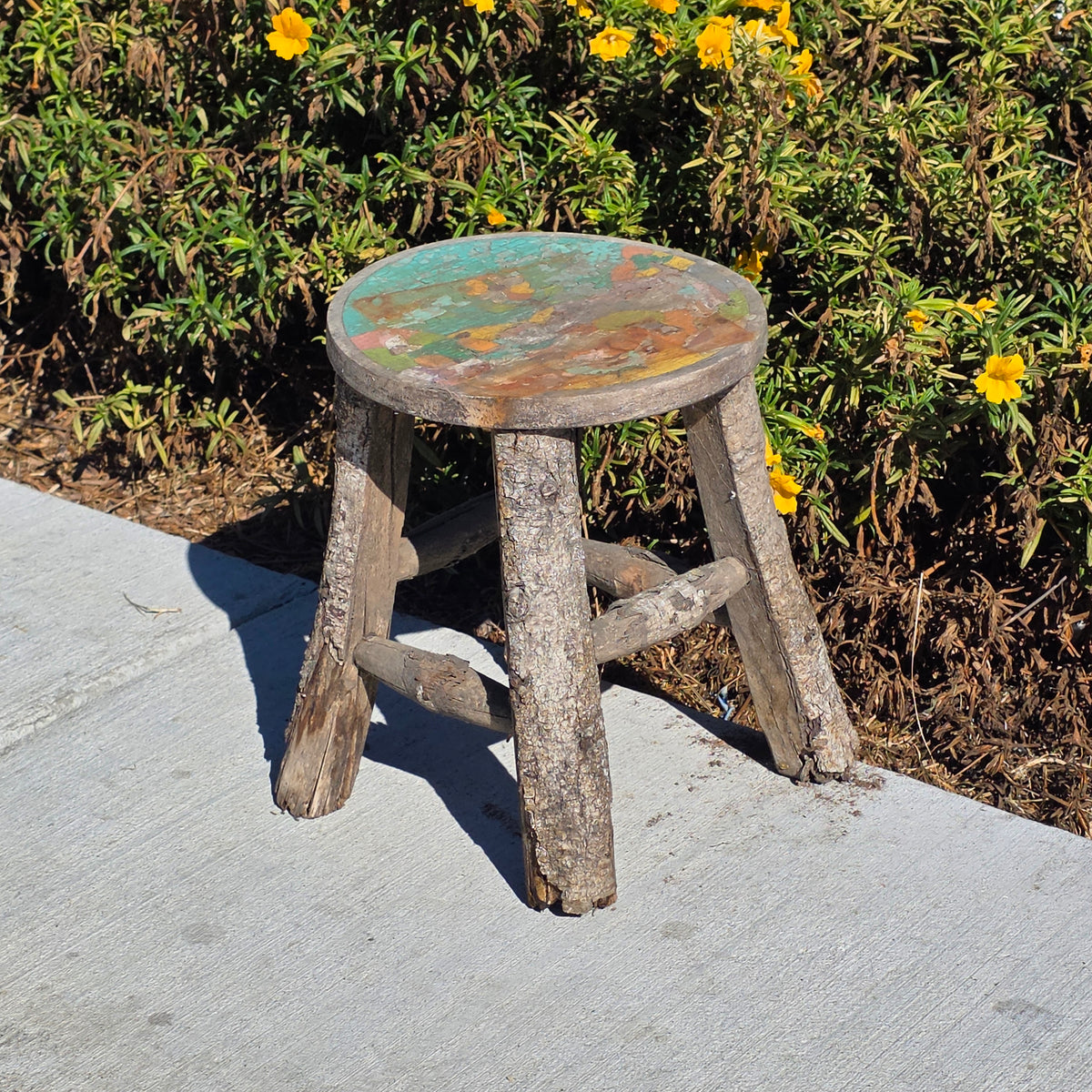 Vintage Adirondack Twig Log Stool Hand Painted Folk Art Chippy Plant Stand 11"