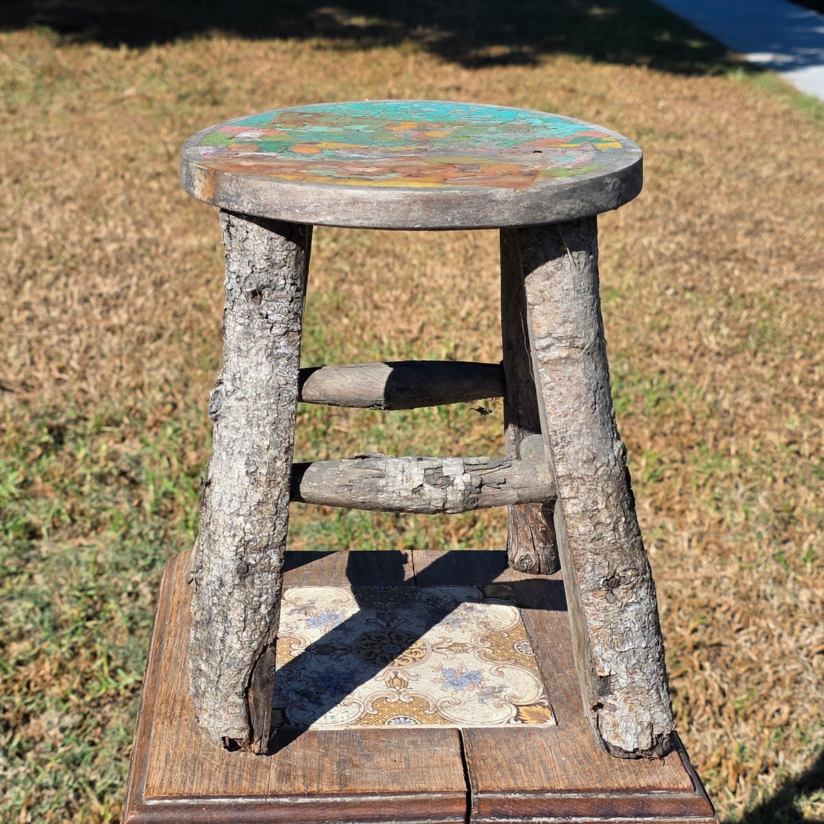 Vintage Adirondack Twig Log Stool Hand Painted Folk Art Chippy Plant Stand 11"