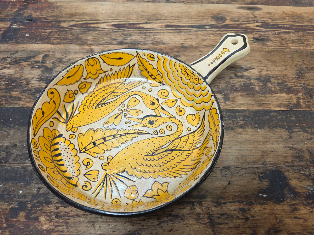 Vtg Mexican Pottery Skillet Pan Tlaquepaque Fantasia Yellow Folk Art Bird 9.25"