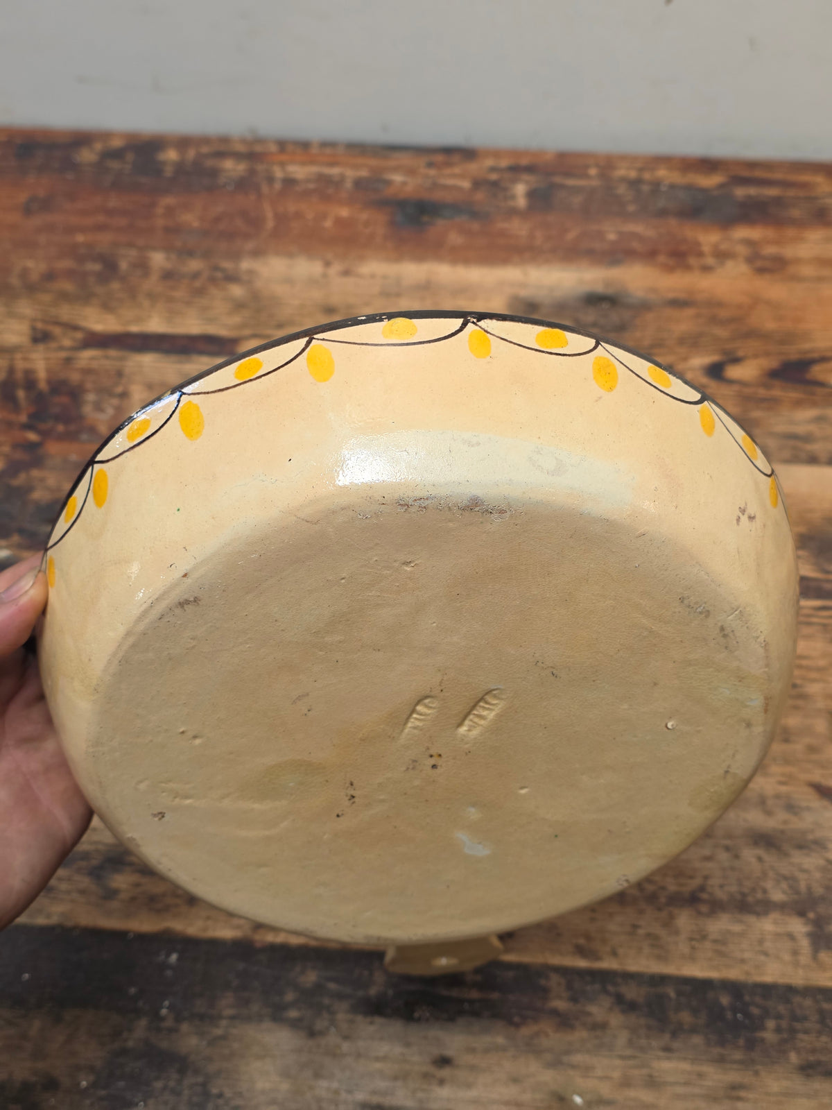 Vtg Mexican Pottery Skillet Pan Tlaquepaque Fantasia Yellow Folk Art Bird 9.25"