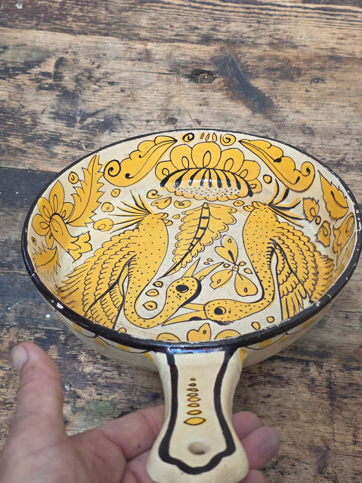 Vtg Mexican Pottery Skillet Pan Tlaquepaque Fantasia Yellow Folk Art Bird 9.25"