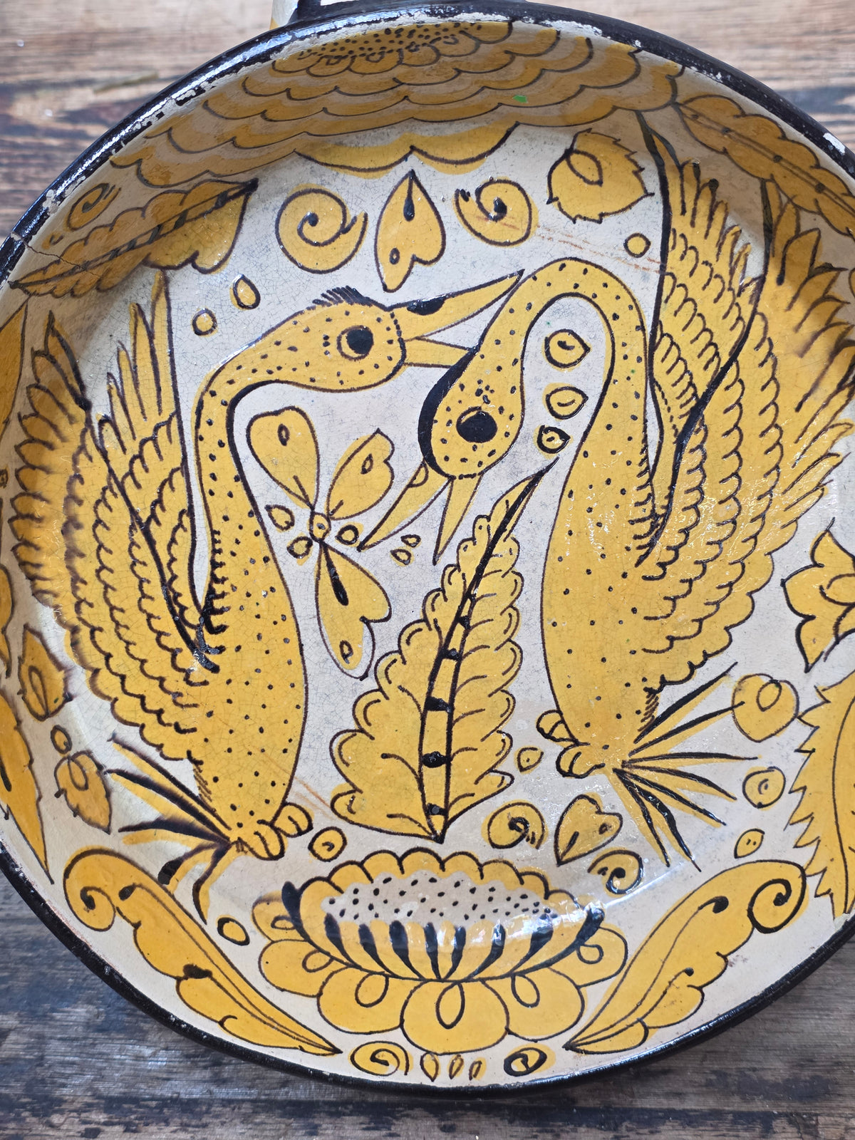 Vtg Mexican Pottery Skillet Pan Tlaquepaque Fantasia Yellow Folk Art Bird 9.25"