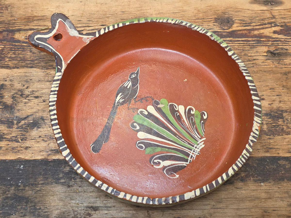 Tlaquepaque Mexican Redware Skillet Pan Bird Hand Painted Vintage Wall Decor