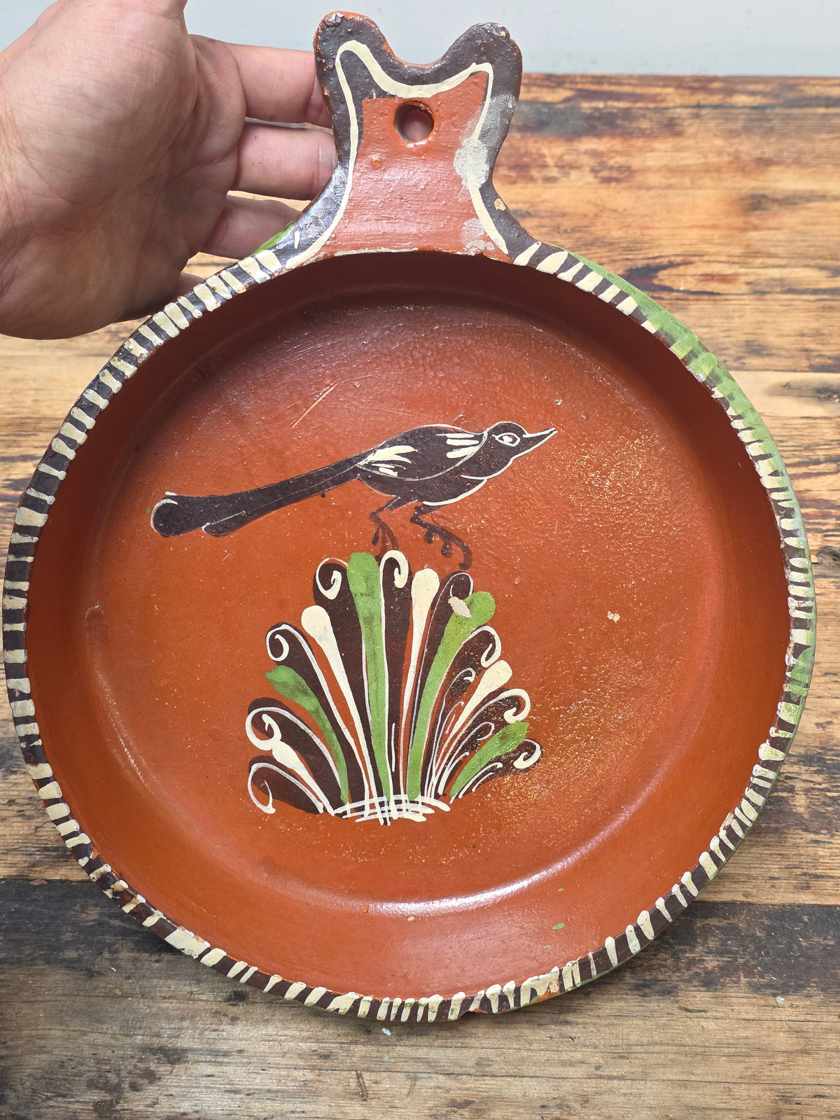Tlaquepaque Mexican Redware Skillet Pan Bird Hand Painted Vintage Wall Decor