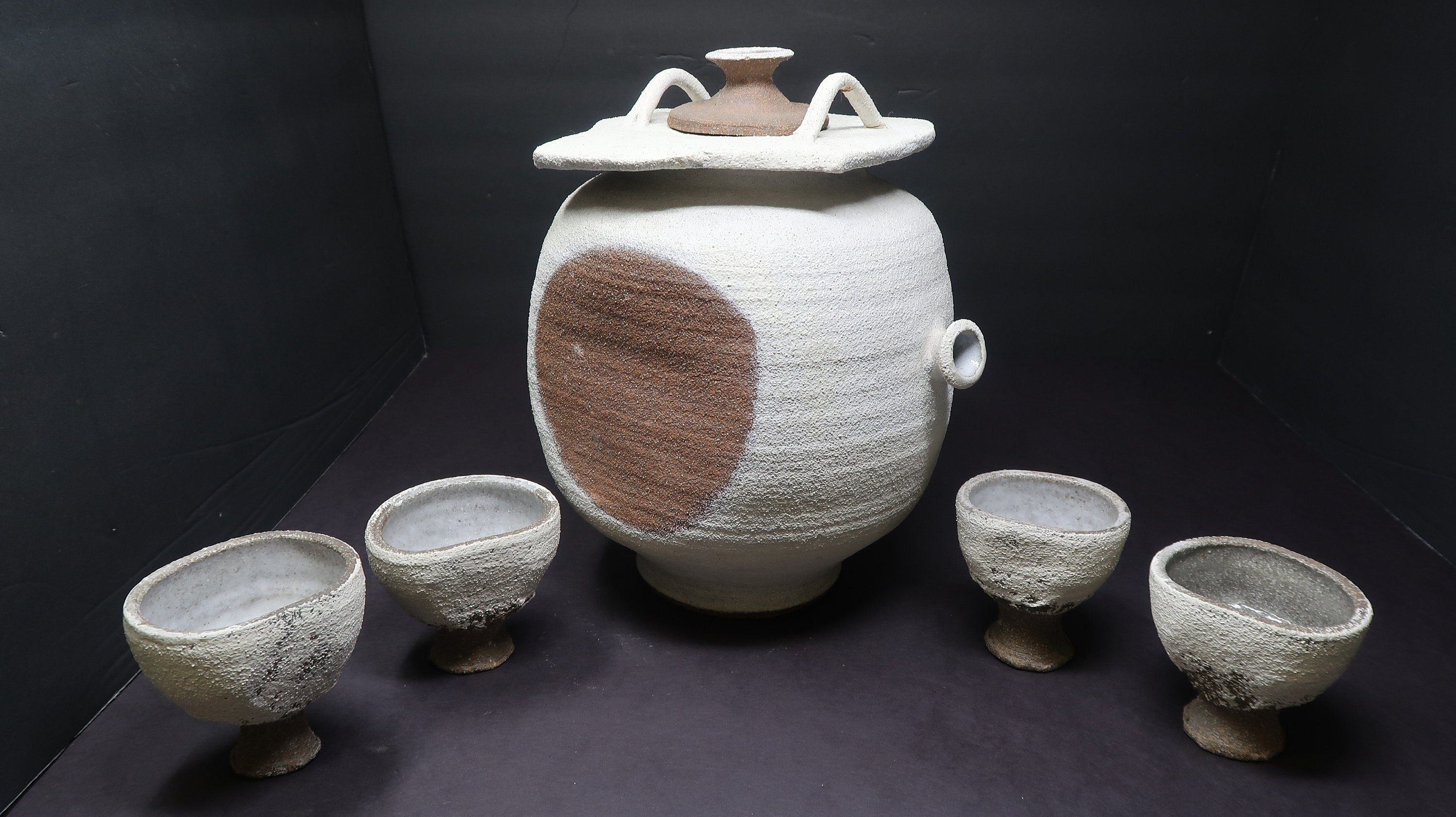 Stoneware Wine Sake Tea Pot Cup Set Handcrated Pottery Signed by Artist