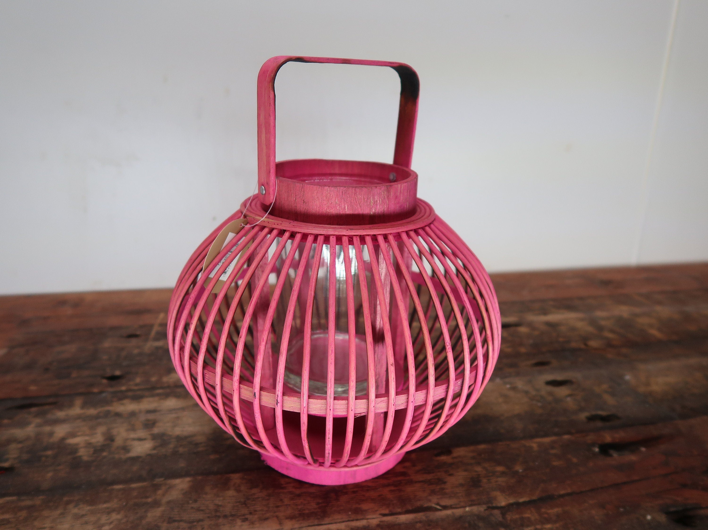 Pink Bamboo Lantern With Handle 10" x 10" x H 8.5"