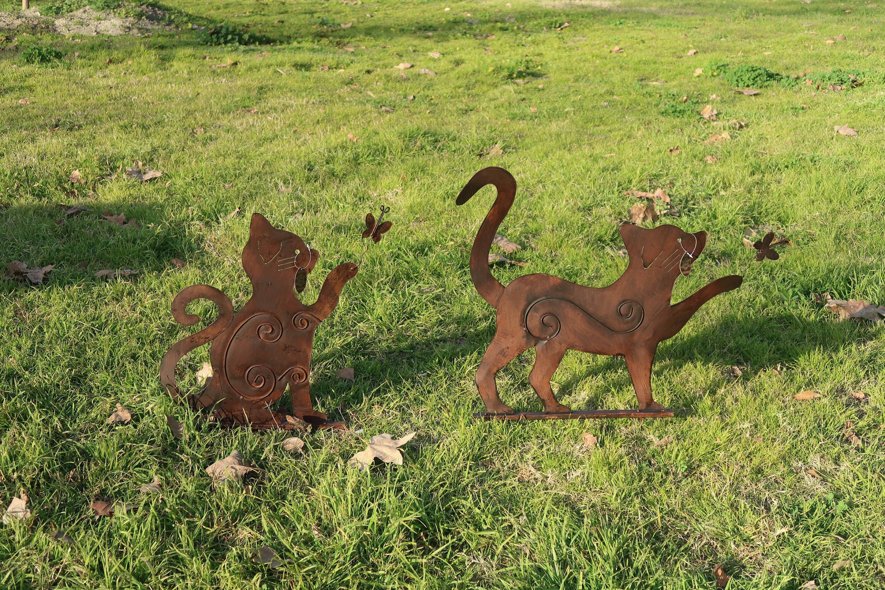 Large Rusty Metal Cats Playing With Butterflies (Set of 2) Free U.S. Shipping