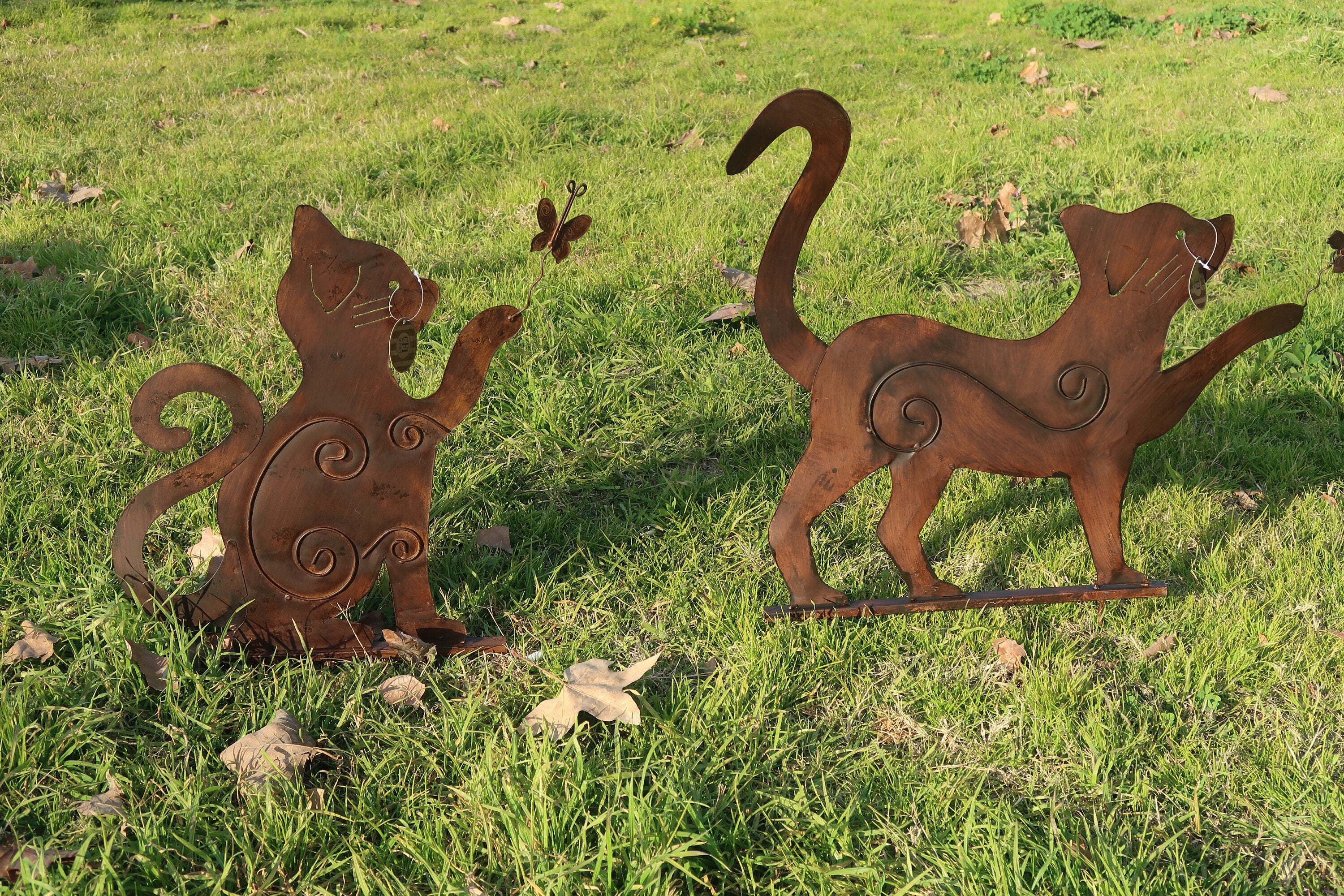 Large Rusty Metal Cats Playing With Butterflies (Set of 2) Free U.S. Shipping