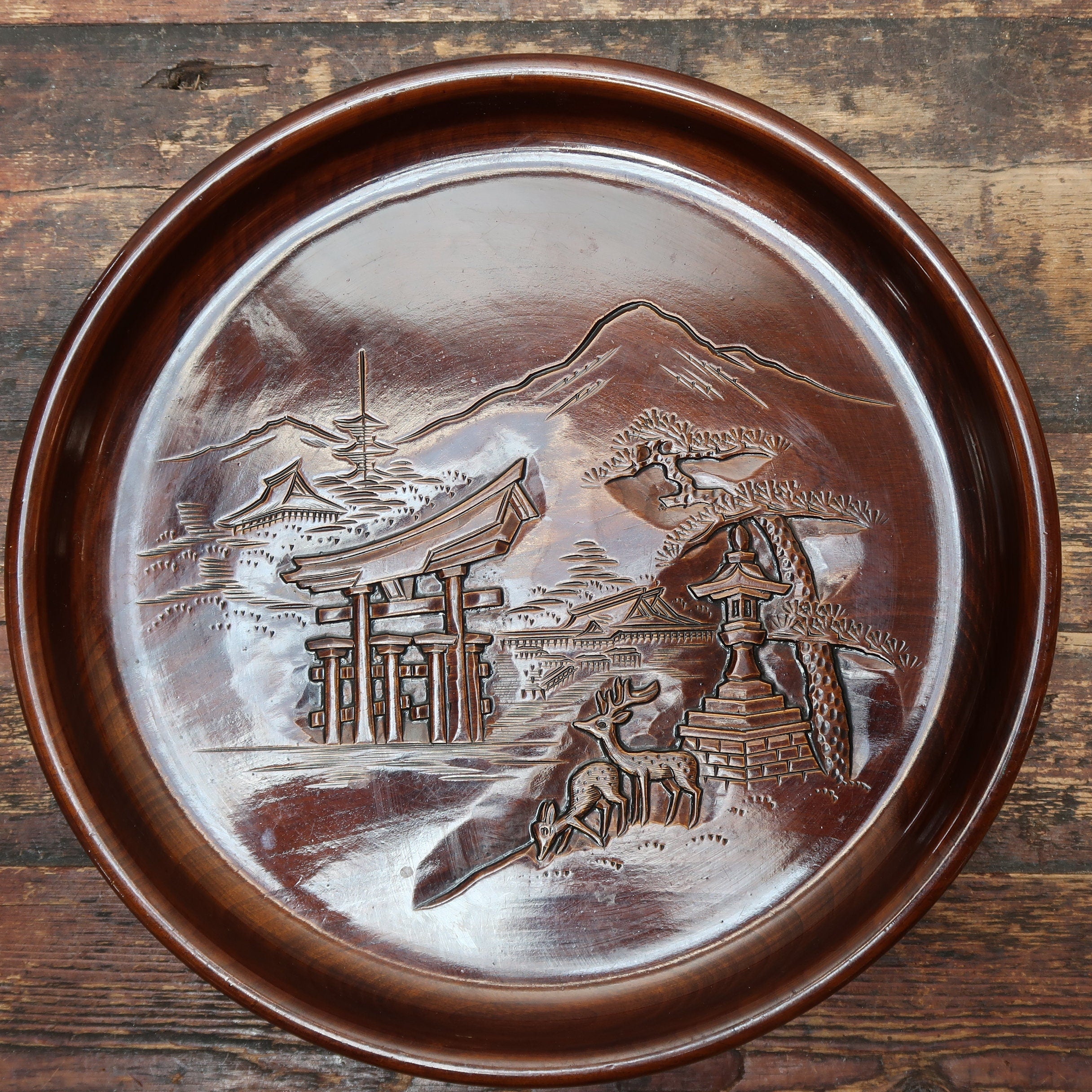 Japanese OBON Tray Hand Carved Miyajimabori 12.5" x 12.5" x 1.5" Vintage