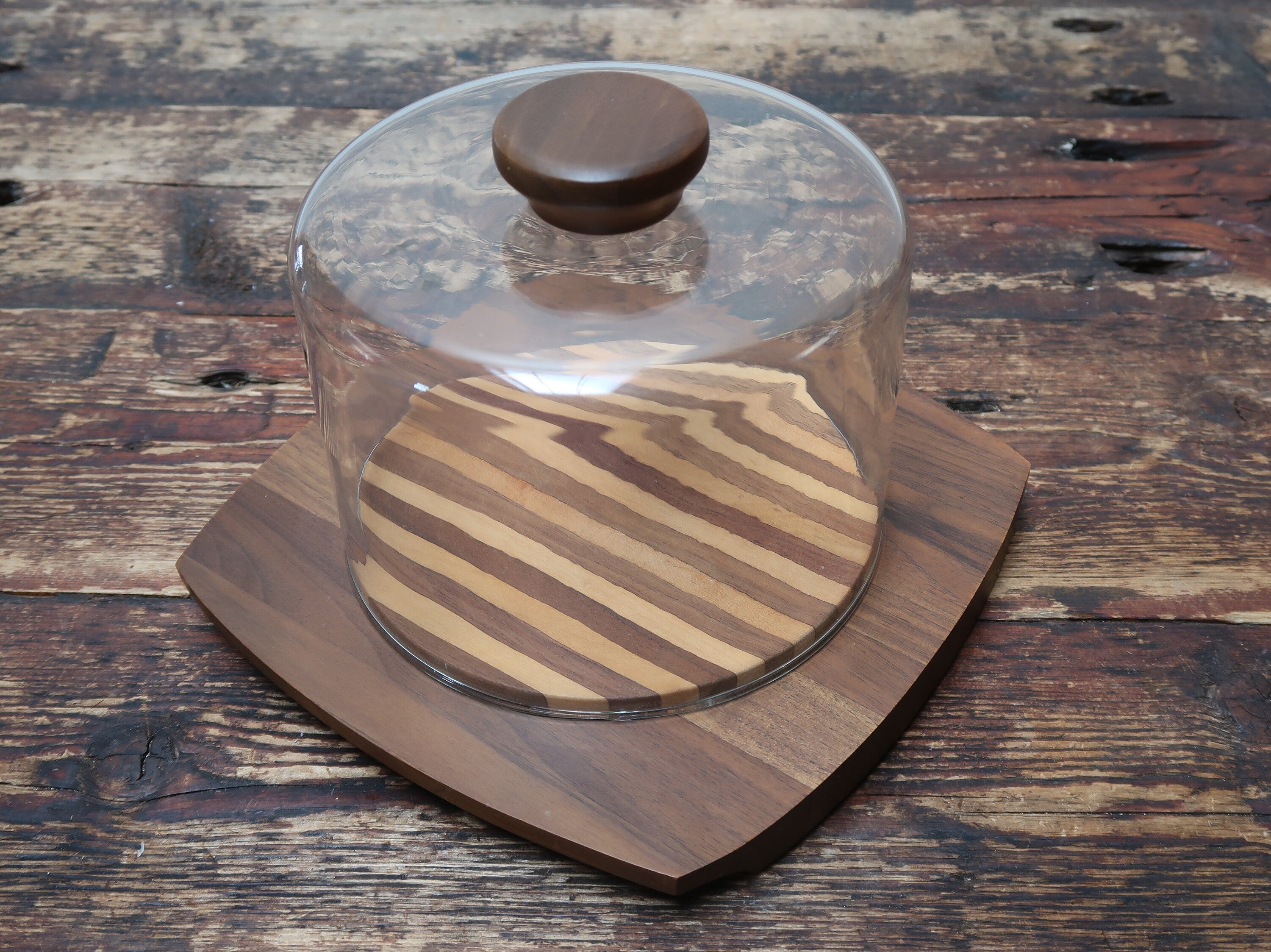 Kustom Kraft Cheese Board Tray With Glass Dome Solid Black Walnut Made In USA