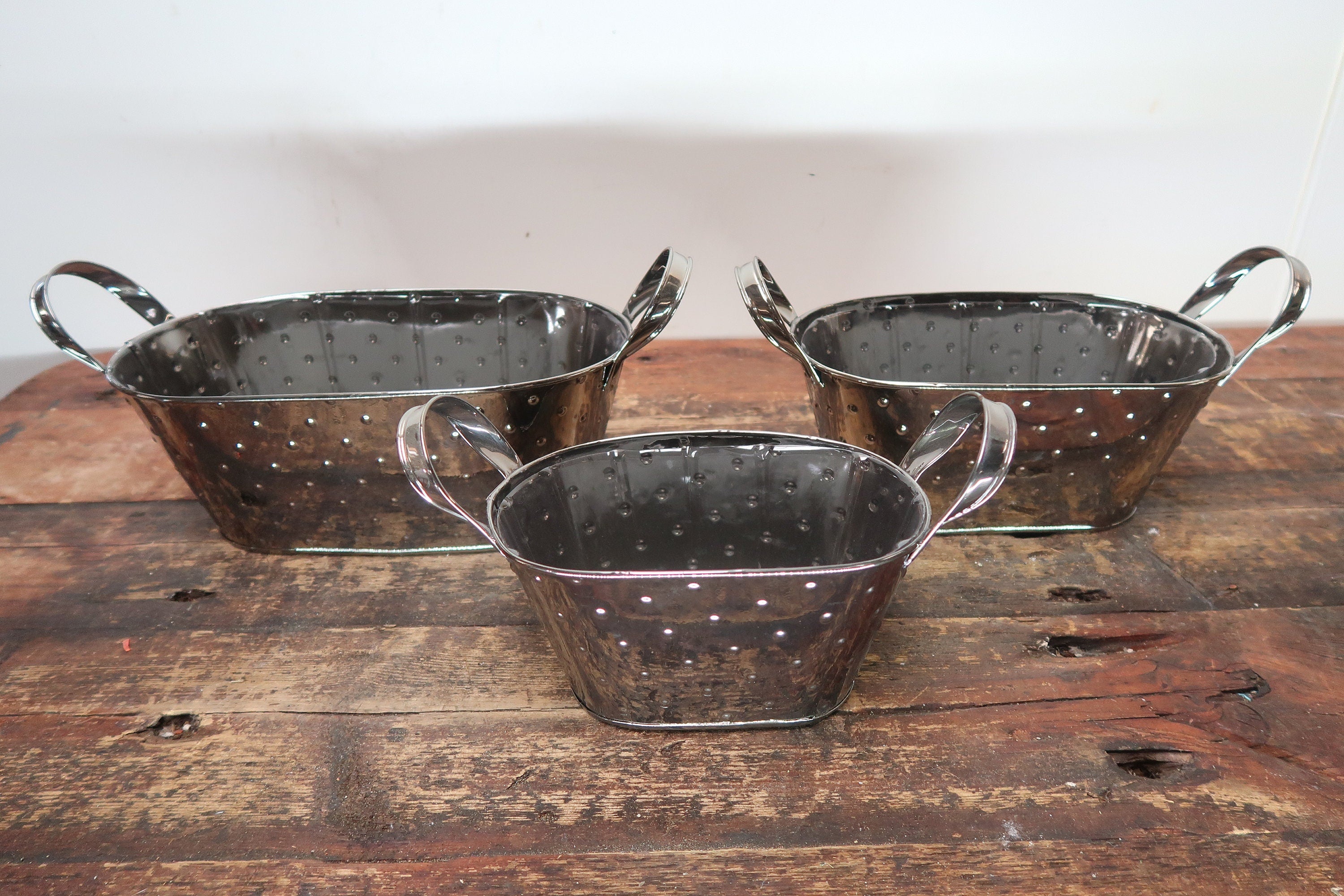 Metal Oval Planters Set of 3 Nested Smoke Metalic Planter With Handles (U.S. Free Shipping)