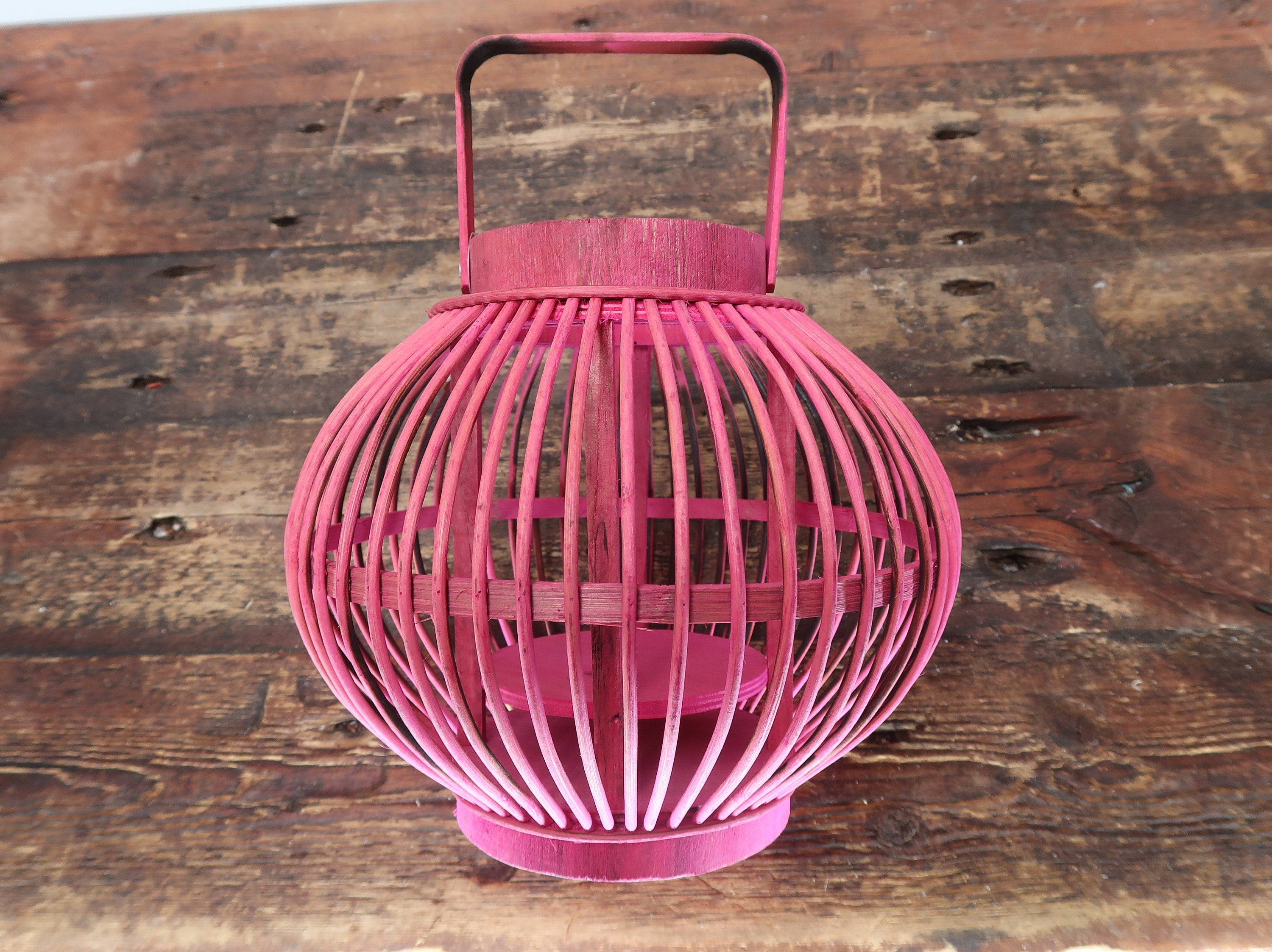 Pink Bamboo Lantern With Handle 10" x 10" x H 8.5"