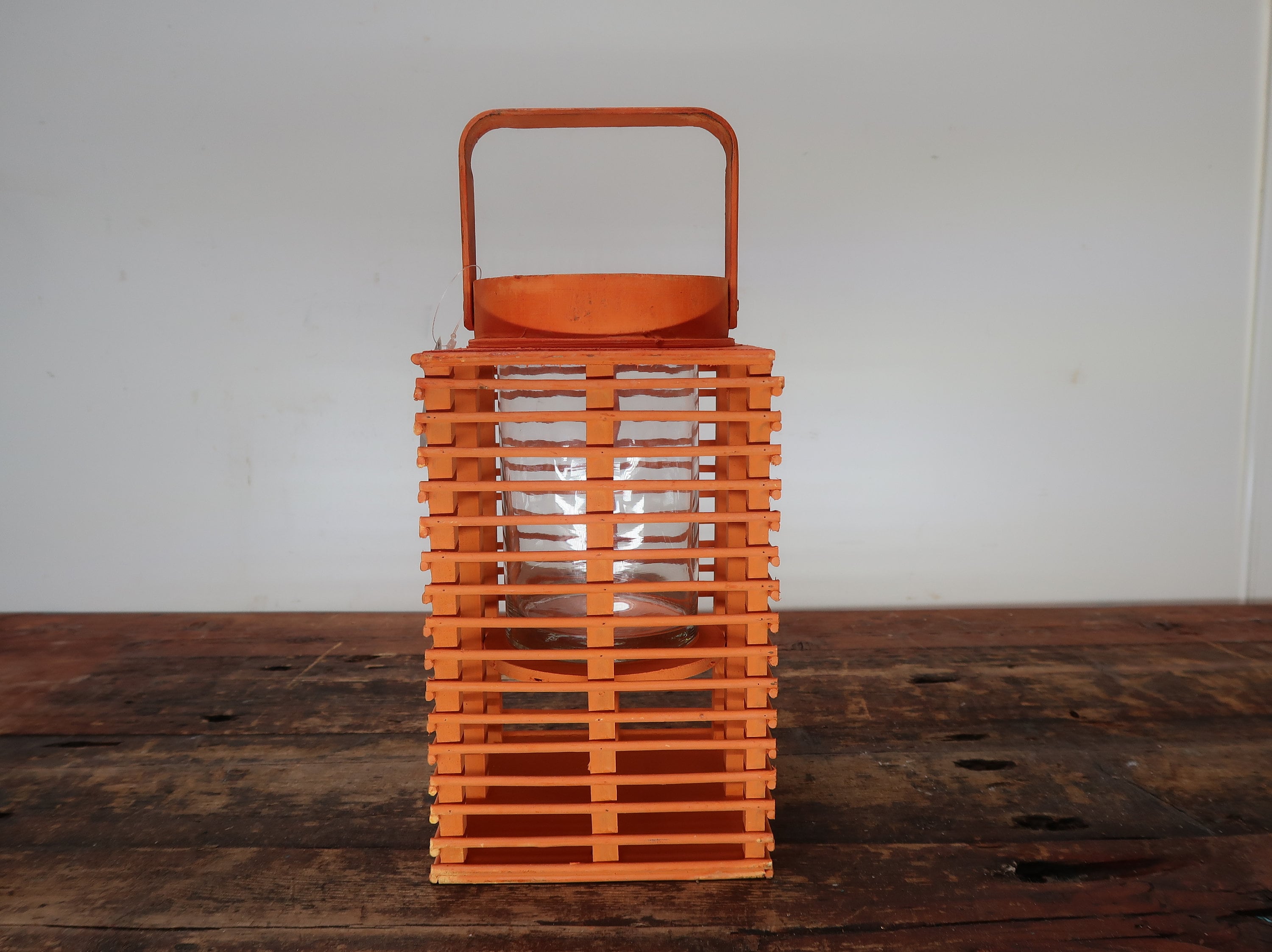 Orange Bamboo Candle Lantern With Handle 5.5" x 5.5" x H 9.5"