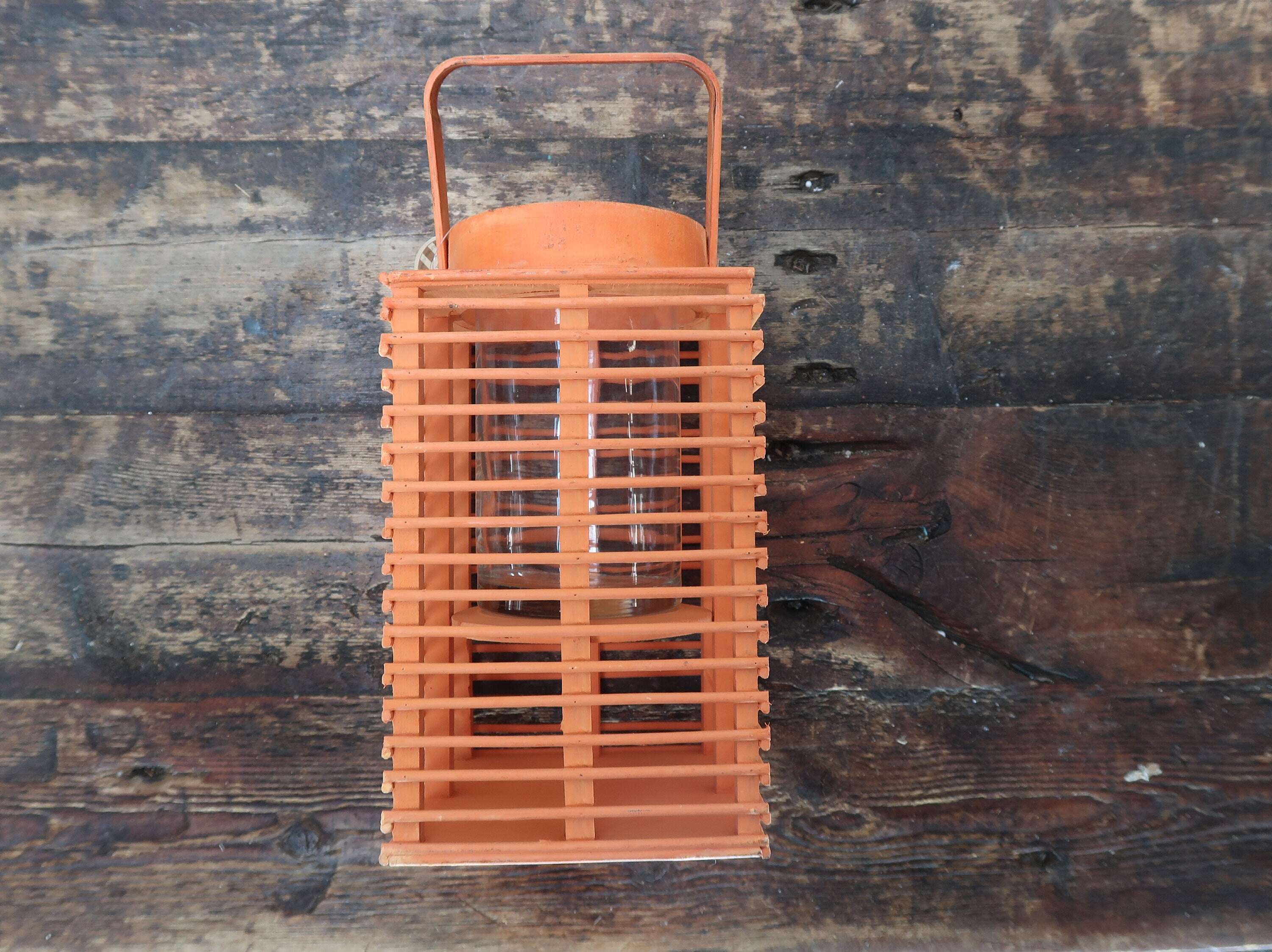 Orange Bamboo Candle Lantern With Handle 5.5" x 5.5" x H 9.5"