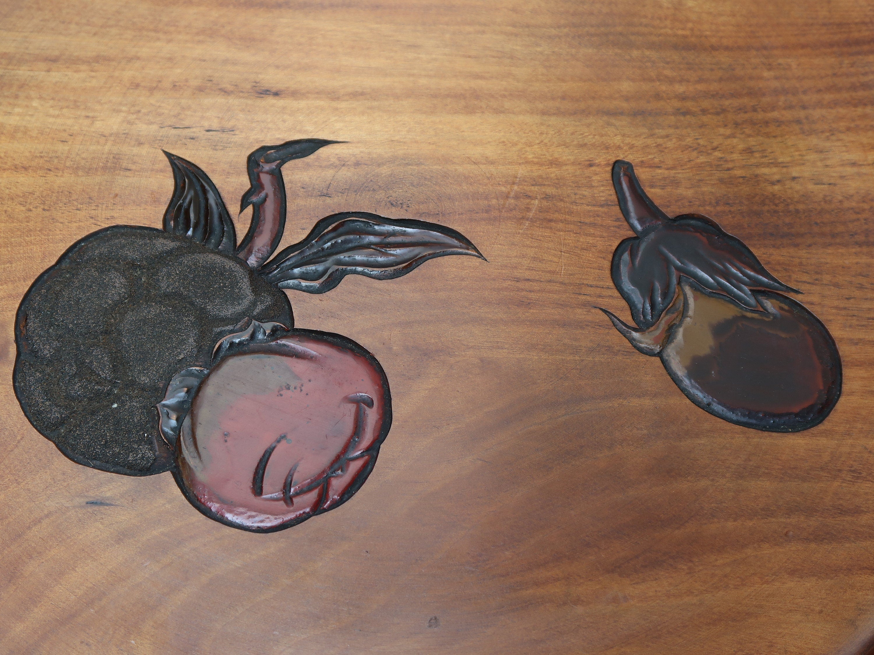 Japanese OBON Tray Hand Carved Fruits Vegetable 14" x 14" x 1" Vintage Ujyobori